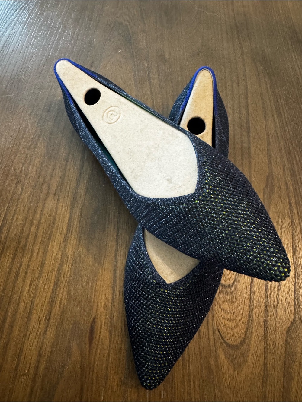 Rothy’s The Point Toe Knit Flats in Dark Navy Metallic w/ Neon Green